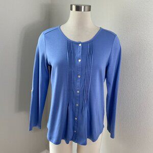 LL Bean Womens Medium Petite Periwinkle Button Up Supima Cotton Top Long Sleeve